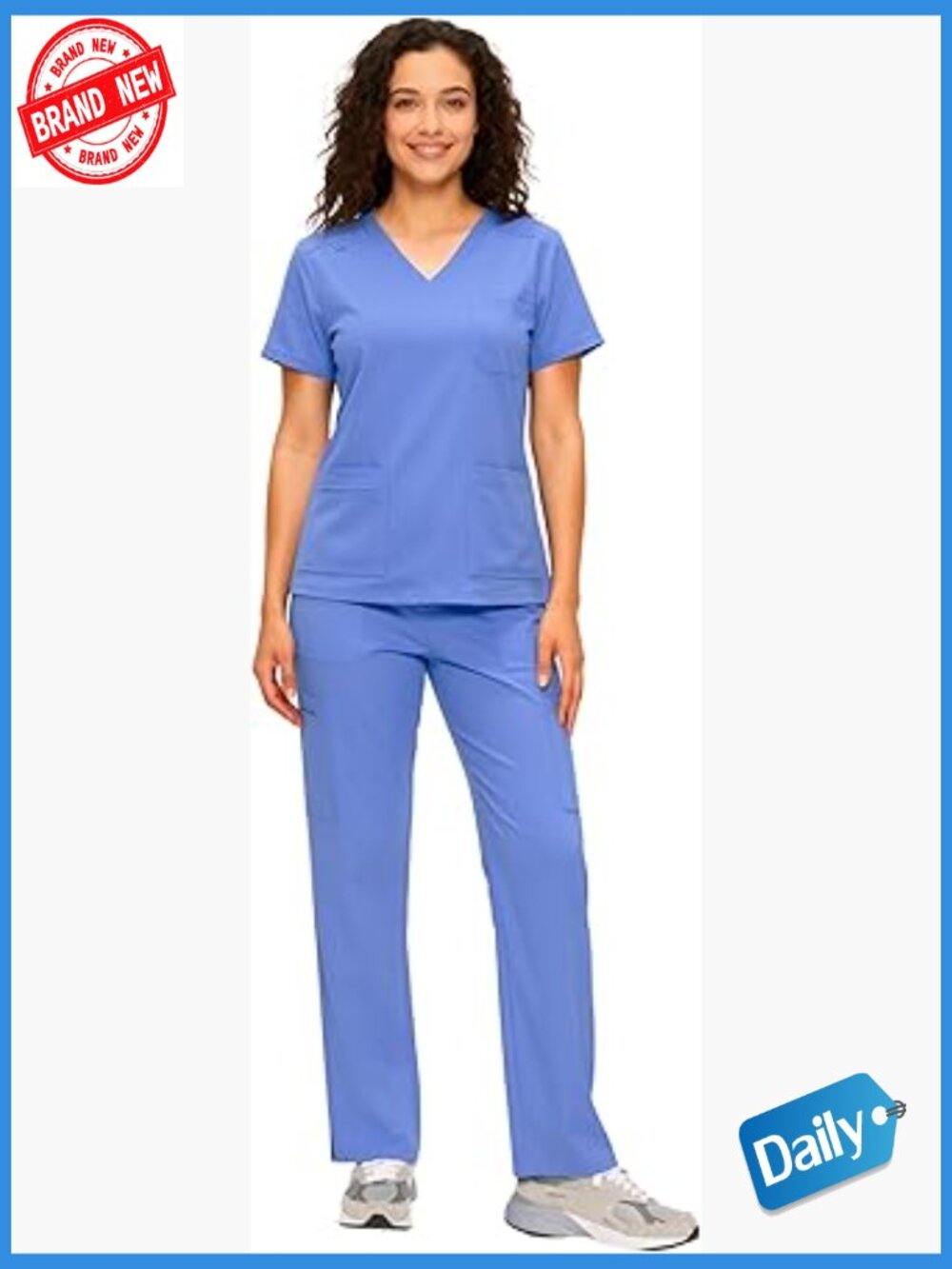 XXL Women Scrubs Set V Neck Top & Cargo Straight Pants 12 Pockets
